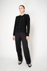 Rocco Ragni Wool Cashmere Ribbed Knit Round Neck Cardigan with Filo Diamante Tab Pocket in Black