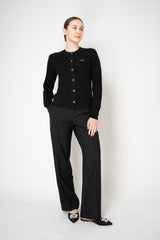 Rocco Ragni Wool Cashmere Ribbed Knit Round Neck Cardigan with Filo Diamante Tab Pocket in Black