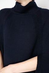 Amina Rubinacci Knit Wool Mock Neck Cape in Navy