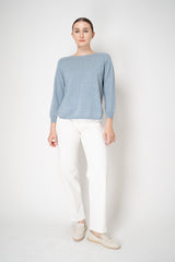 Amina Rubinacci Knit Cashmere Round Hem Crew Neck Pullover in Vintage Denim