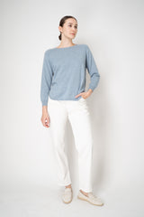Amina Rubinacci Knit Cashmere Round Hem Crew Neck Pullover in Vintage Denim