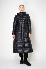 Herno A-line Hooded Goose Down Padded Belted Coat in Black