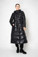 Herno A-line Hooded Goose Down Padded Belted Coat in Black