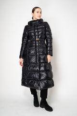 Herno A-line Hooded Goose Down Padded Belted Coat in Black