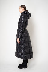 Herno A-line Hooded Goose Down Padded Belted Coat in Black