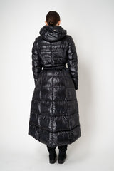 Herno A-line Hooded Goose Down Padded Belted Coat in Black