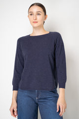 Amina Rubinacci Knit Cashmere Round Hem Crew Neck Pullover in Indigo Melange