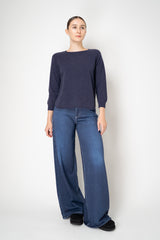 Amina Rubinacci Knit Cashmere Round Hem Crew Neck Pullover in Indigo Melange