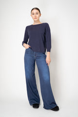 Amina Rubinacci Knit Cashmere Round Hem Crew Neck Pullover in Indigo Melange