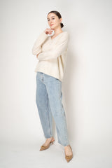 Amina Rubinacci Knit Cashmere V-Neck Pullover in Off-White