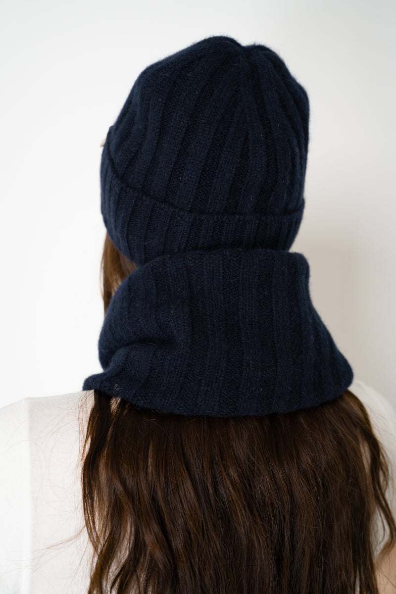 Herno Cashmere Knit Ribbed Toque in Navy