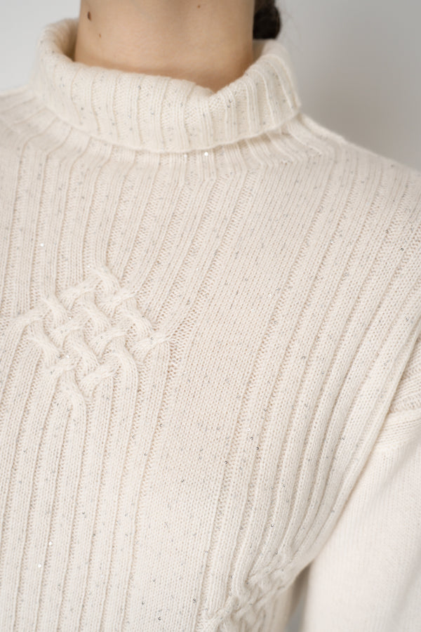 Tonet Sequined Knit Cashmere Turtleneck Ribbed Pullover in Off-White