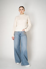 Tonet Sequined Knit Cashmere Turtleneck Ribbed Pullover in Off-White