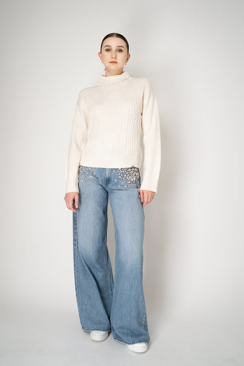 Tonet Sequined Knit Cashmere Turtleneck Ribbed Pullover in Off-White