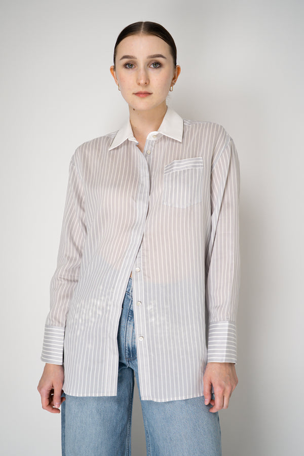 Tonet Oversized Silk Voile Blend Striped Blouse in Grey and White