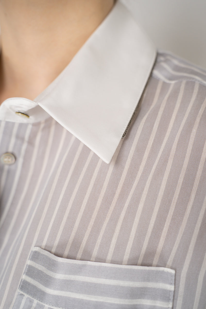 Tonet Oversized Silk Voile Blend Striped Blouse in Grey and White