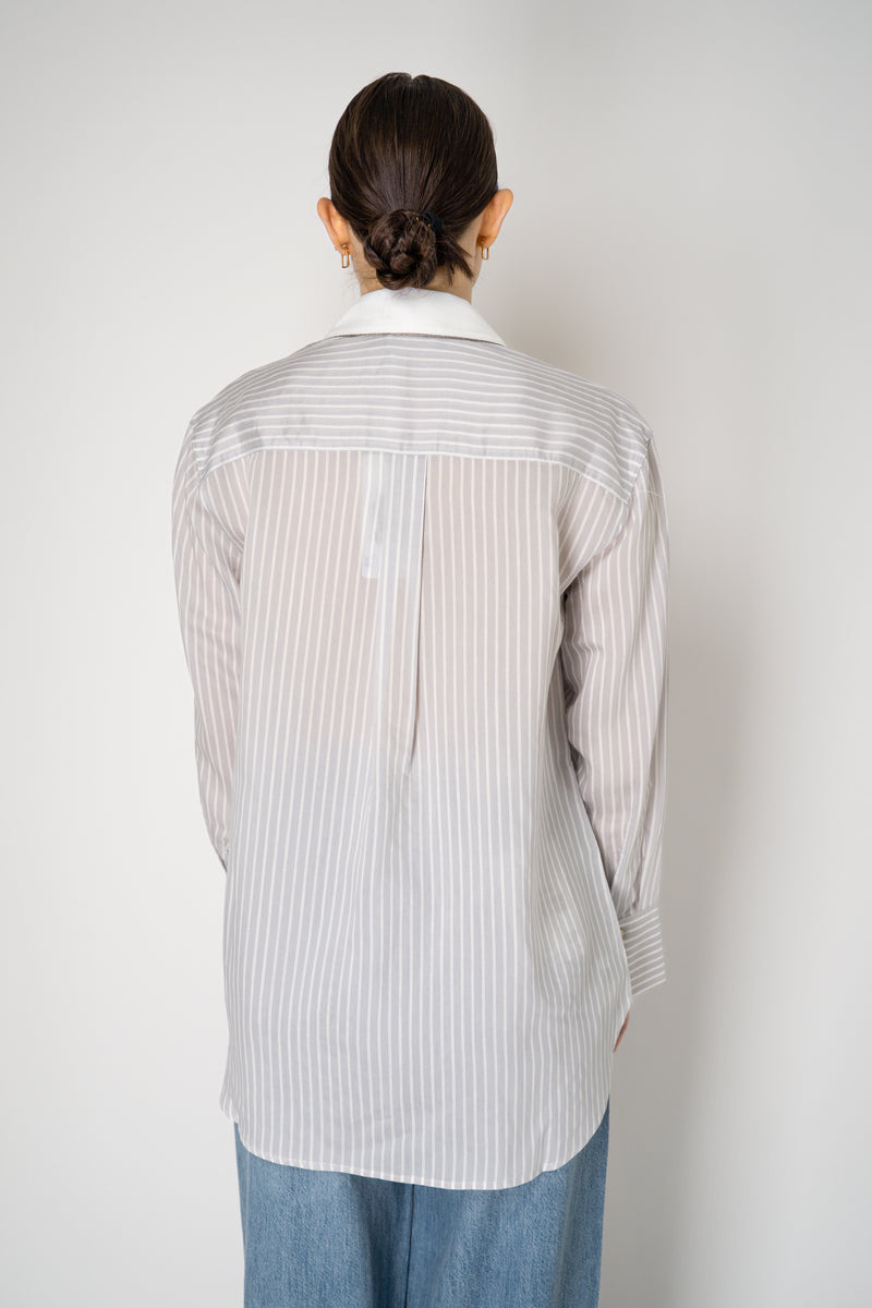 Tonet Oversized Silk Voile Blend Striped Blouse in Grey and White