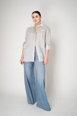 Tonet Oversized Silk Voile Blend Striped Blouse in Grey and White