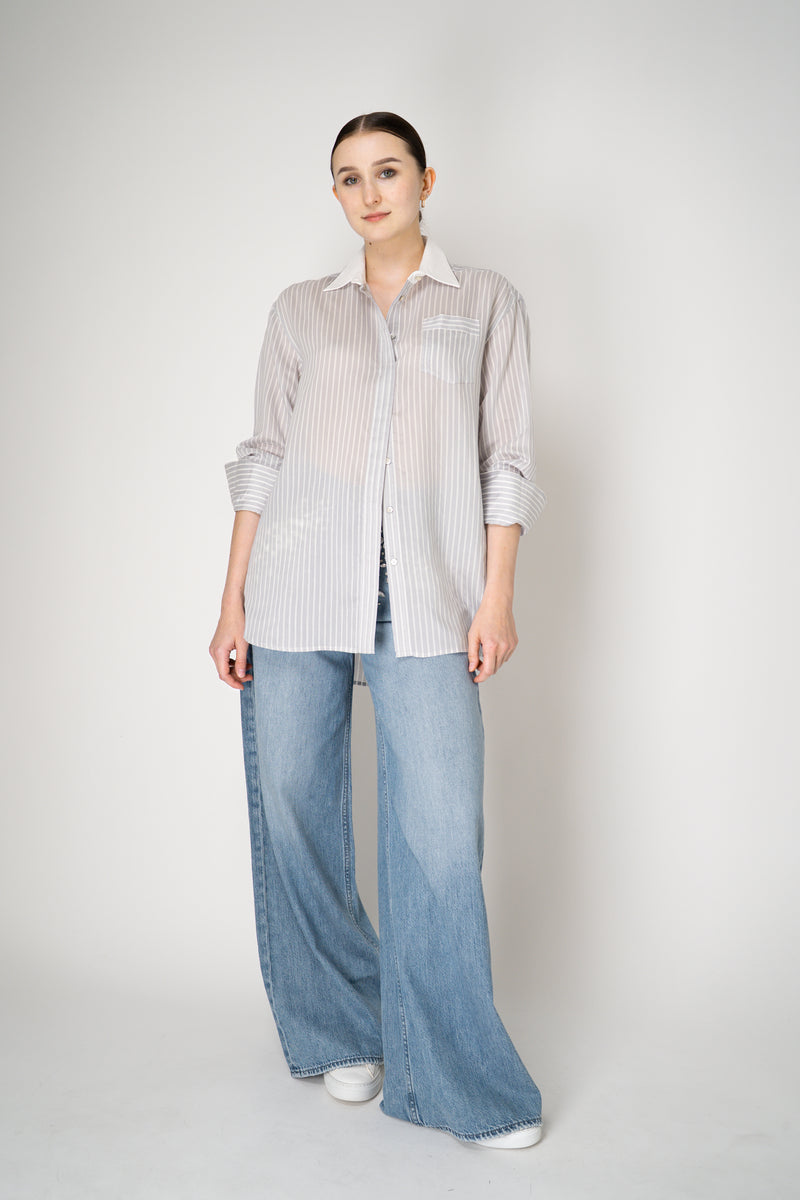Tonet Oversized Silk Voile Blend Striped Blouse in Grey and White