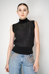 Tonet Wool Viscose High Neck Knit Ribbed Lurex Sleeveless Top in Dark Grey