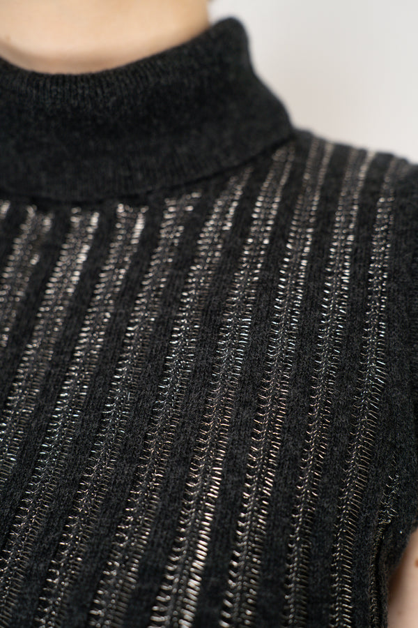 Tonet Wool Viscose High Neck Knit Ribbed Lurex Sleeveless Top in Dark Grey