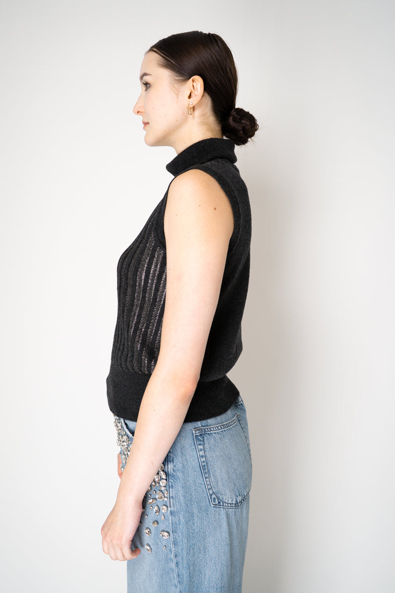 Tonet Wool Viscose High Neck Knit Ribbed Lurex Sleeveless Top in Dark Grey