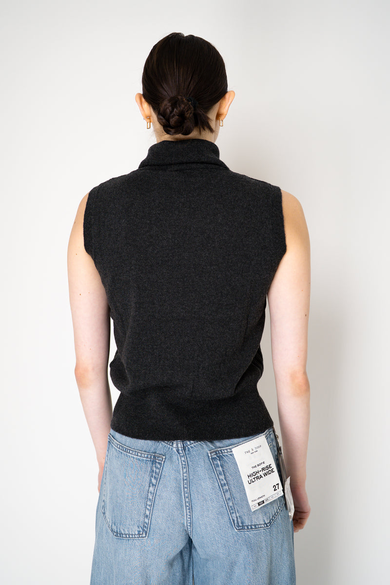 Tonet Wool Viscose High Neck Knit Ribbed Lurex Sleeveless Top in Dark Grey