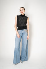 Tonet Wool Viscose High Neck Knit Ribbed Lurex Sleeveless Top in Dark Grey