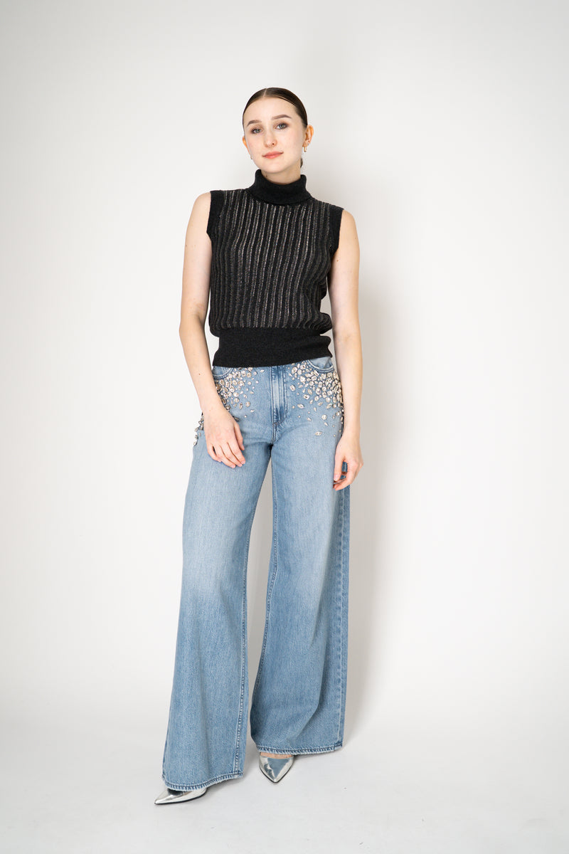 Tonet Wool Viscose High Neck Knit Ribbed Lurex Sleeveless Top in Dark Grey
