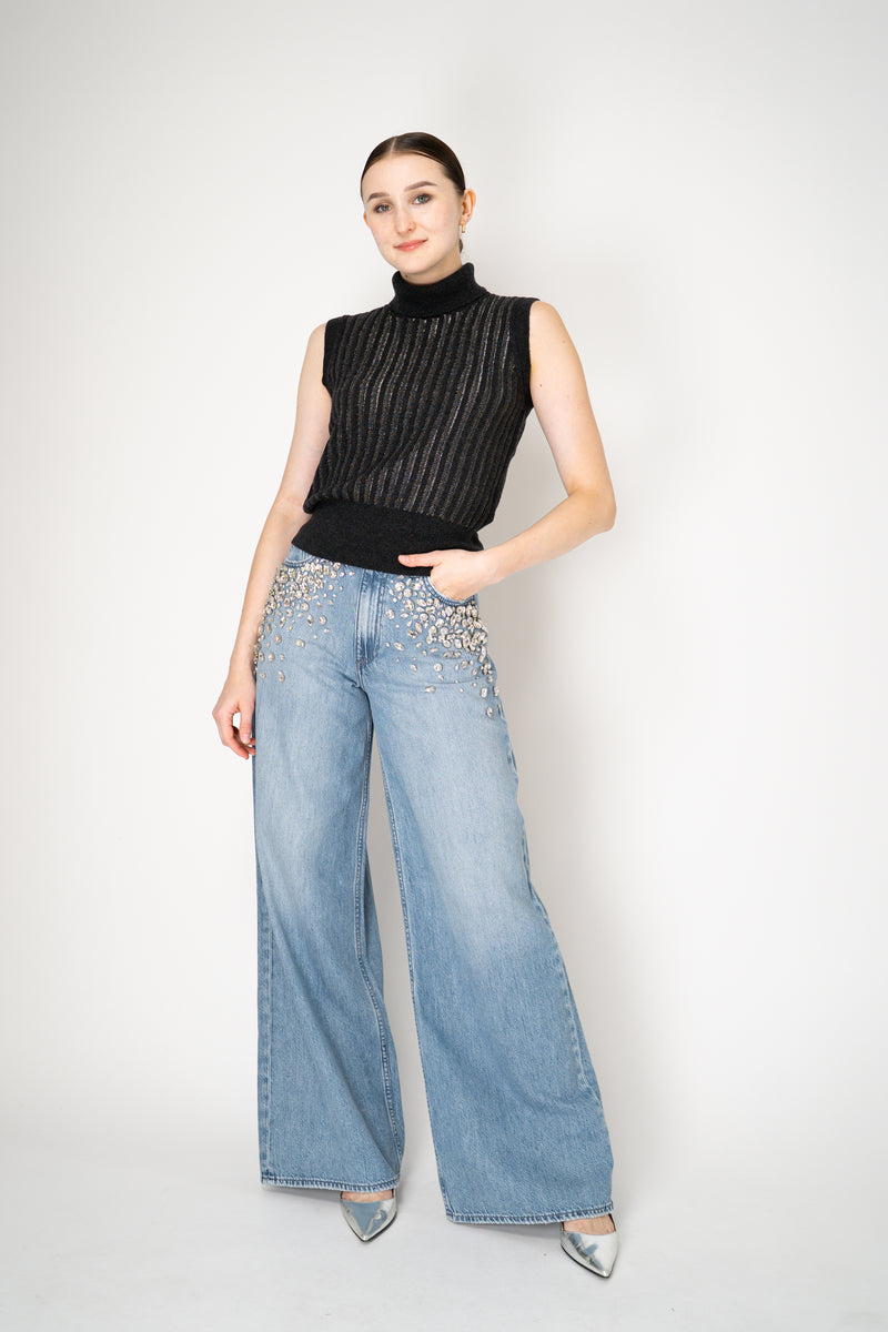 Tonet Wool Viscose High Neck Knit Ribbed Lurex Sleeveless Top in Dark Grey