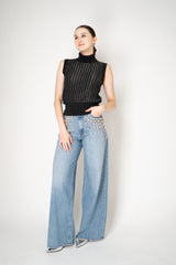 Tonet Wool Viscose High Neck Knit Ribbed Lurex Sleeveless Top in Dark Grey
