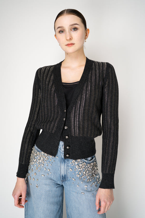 Tonet Wool Viscose Knit Ribbed Lurex V-Neck Cardigan in Dark Grey