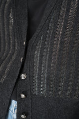 Tonet Wool Viscose Knit Ribbed Lurex V-Neck Cardigan in Dark Grey