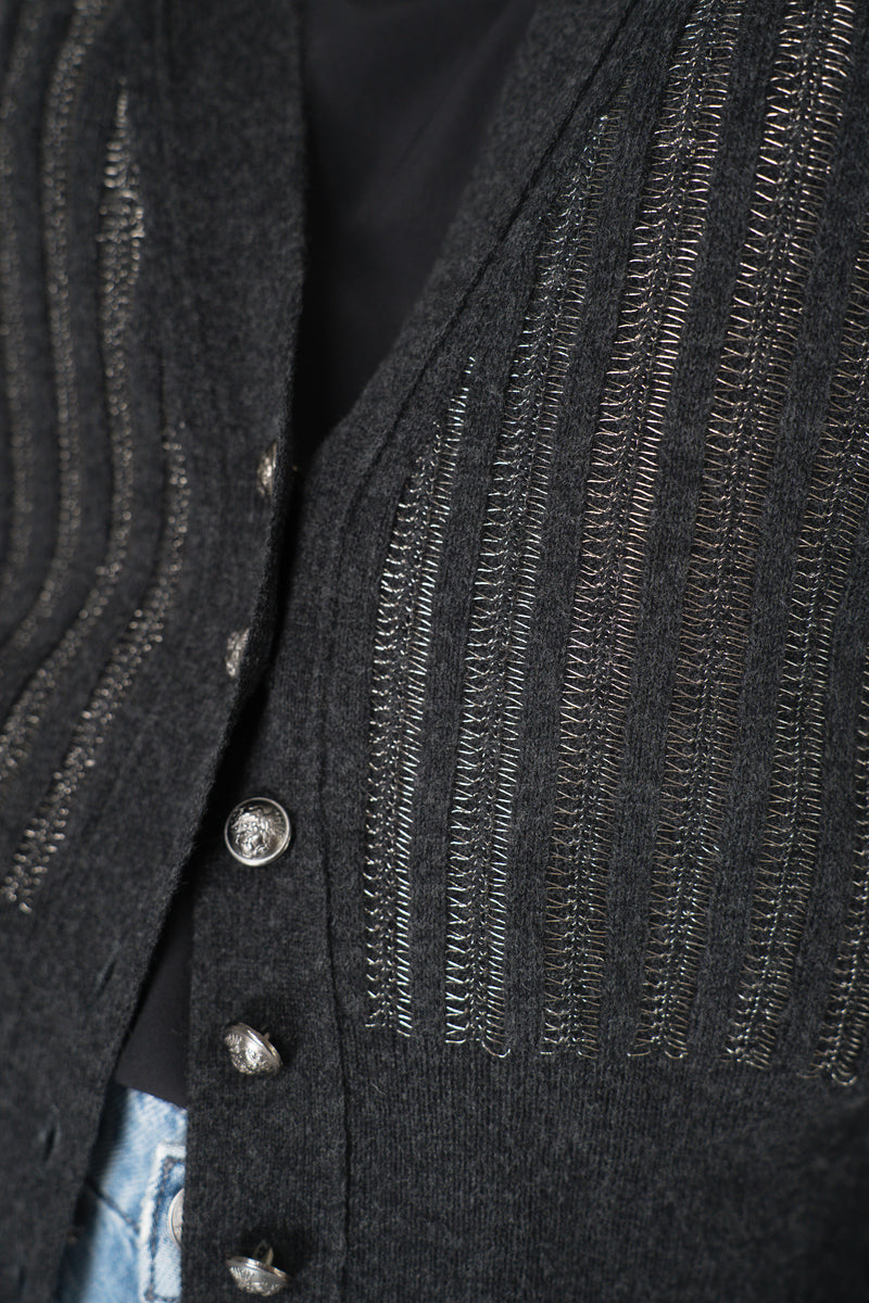 Tonet Wool Viscose Knit Ribbed Lurex V-Neck Cardigan in Dark Grey