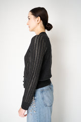 Tonet Wool Viscose Knit Ribbed Lurex V-Neck Cardigan in Dark Grey