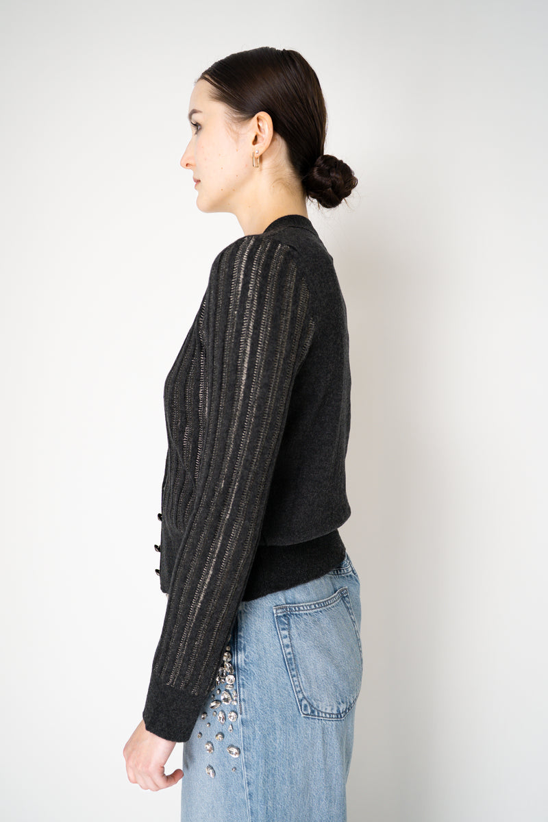 Tonet Wool Viscose Knit Ribbed Lurex V-Neck Cardigan in Dark Grey