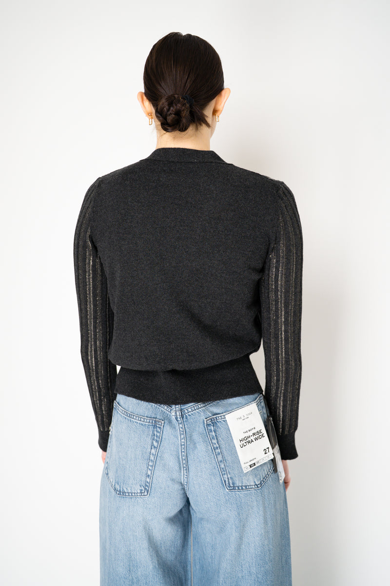Tonet Wool Viscose Knit Ribbed Lurex V-Neck Cardigan in Dark Grey