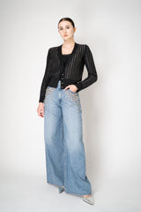 Tonet Wool Viscose Knit Ribbed Lurex V-Neck Cardigan in Dark Grey