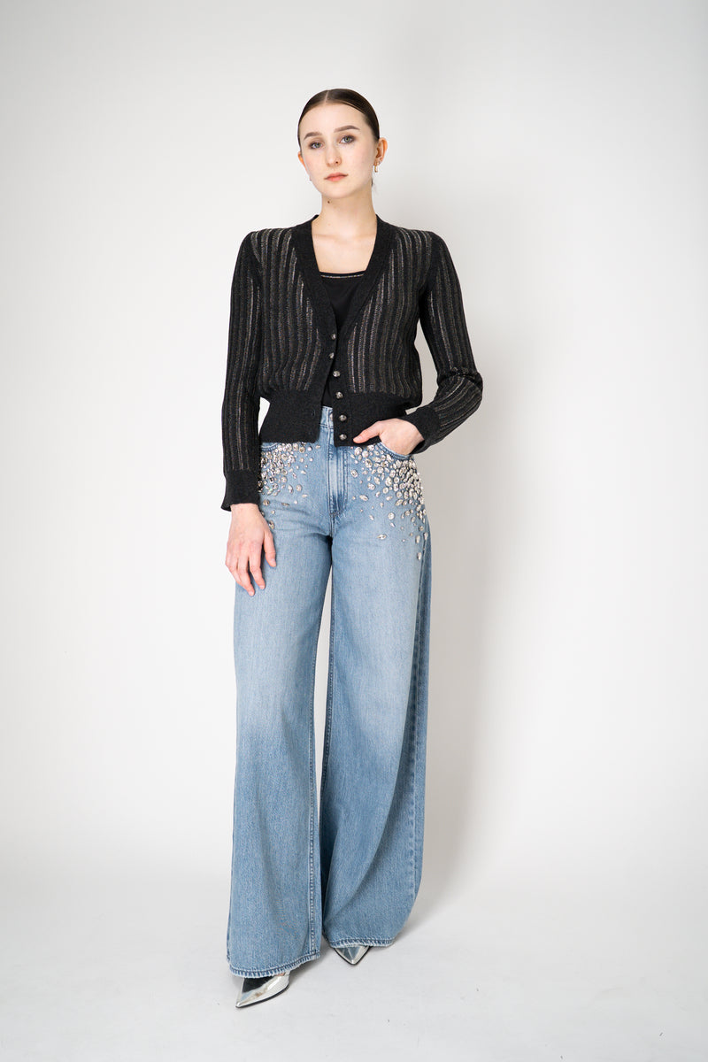 Tonet Wool Viscose Knit Ribbed Lurex V-Neck Cardigan in Dark Grey