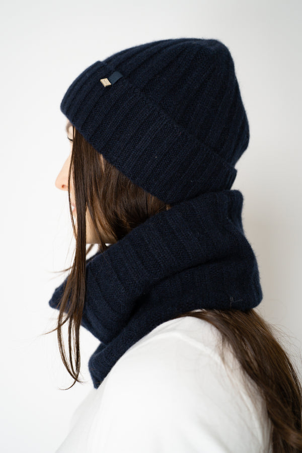 Herno Cashmere Knit Ribbed Toque in Navy