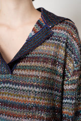 Missoni Open Neck Knit Polo Pullover in Multicolour Mini Chevron