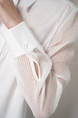 Tonet Cotton Button Up Blouse with Strip Organza Sleeves in White