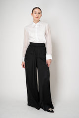Tonet Cotton Button Up Blouse with Strip Organza Sleeves in White