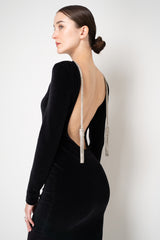 Balmain Open Back Long Sleeve Chenille Dress with SIlver Rhinestone Tassle Details in Black
