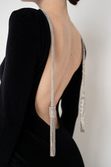 Balmain Open Back Long Sleeve Chenille Dress with SIlver Rhinestone Tassle Details in Black