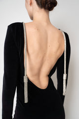 Balmain Open Back Long Sleeve Chenille Dress with SIlver Rhinestone Tassle Details in Black