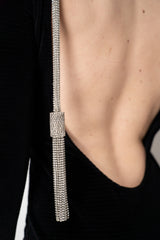 Balmain Open Back Long Sleeve Chenille Dress with SIlver Rhinestone Tassle Details in Black