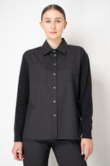 Tonet Merino Weave Button-Up Flannel Blouse with Knit Sleeves in Dark Grey