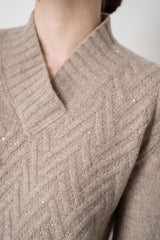 Tonet Wool Cashmere V-neck Chevron Pullover in Gold