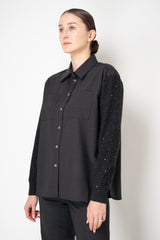 Tonet Merino Weave Button-Up Flannel Blouse with Knit Sleeves in Dark Grey